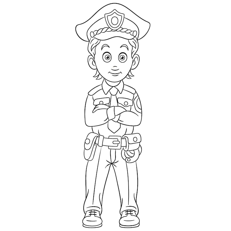 Vetor bonito jovem policial. página do livro de colorir dos desenhos animados para crianças.