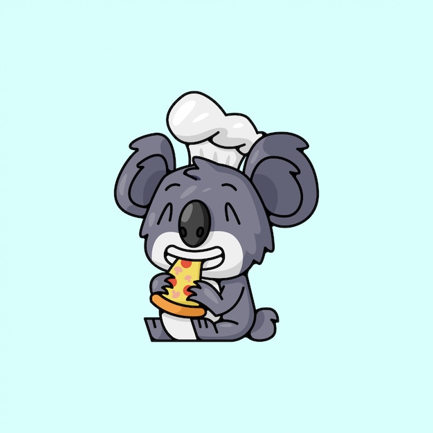 Bonito koala usando chef hat comendo pizza