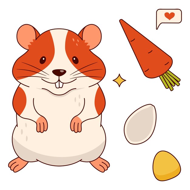 Vetor bonito laranja e branco hamster cenouras grãos de milho sementes de abóbora sms isolados em um fundo branco