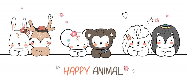 Vetor bonito mão desenhando papel de parede de doodle dos desenhos animados de família animal selvagem na moda verão