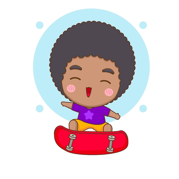Bonito menino feliz jogando skate personagem de desenho animado chibi ilustração de arte vetorial
