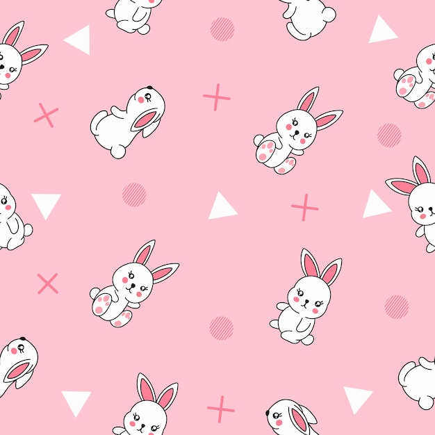 Bonito, muitos coelhos brancos, sem costura, papel de parede de objetos rosa com design rosa claro