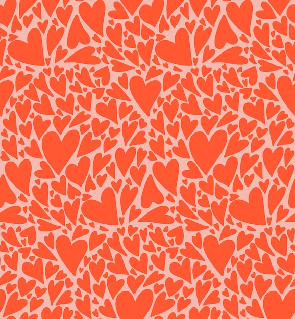 Bonito, muitos corações vermelhos desenhados à mão em mosaico sem costura de fundo vetorial textura romântica simples