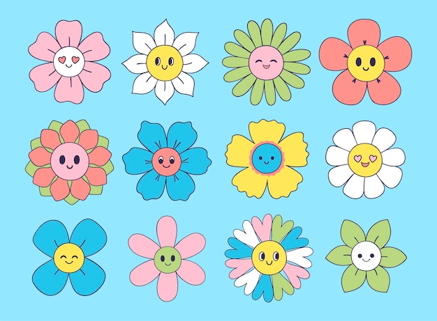 Bonito padrão azul sem costura com flores sorridentes Imagem vetorial