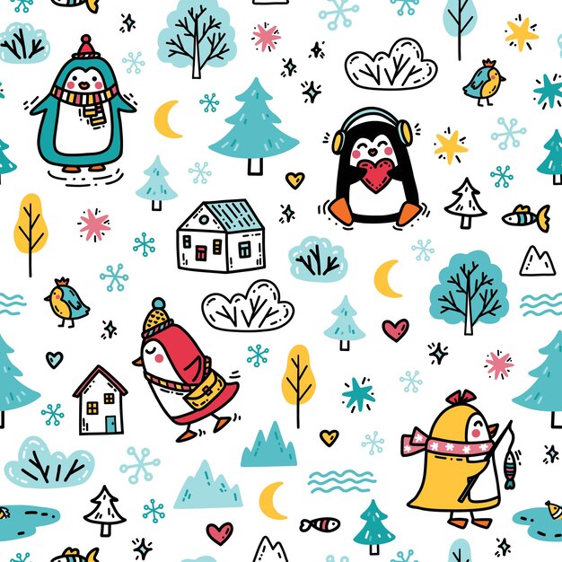 Vetor bonito padrão de inverno perfeito com pinguins engraçados