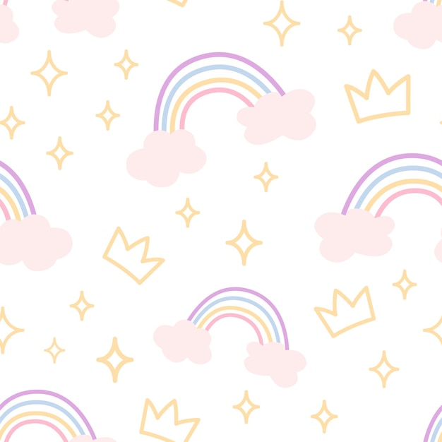 Bonito padrão infantil sem costura com brilhos mágicos de arco-íris e estrelas em cores pastel Vetor