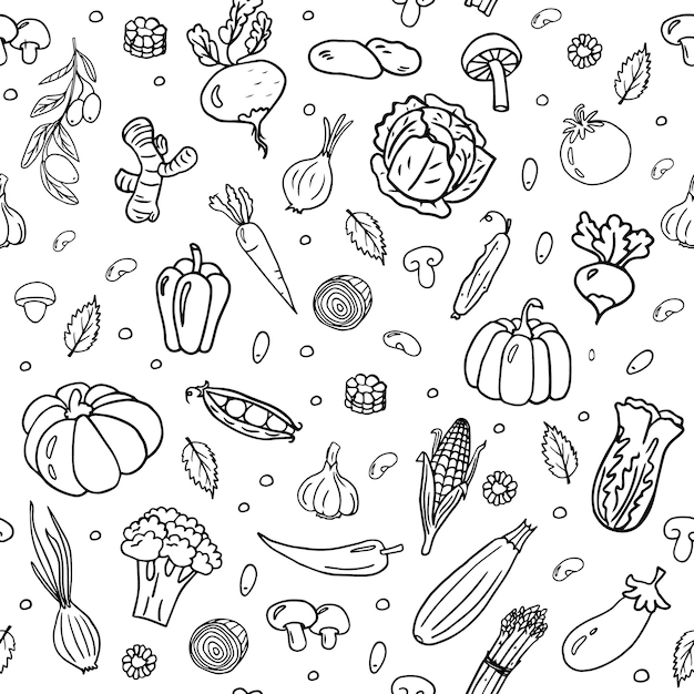 Bonito padrão perfeito com legumes em estilo doodle Comida saudável Ilustração vetorial EPS10