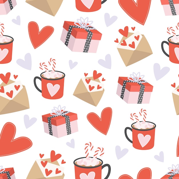 Bonito padrão perfeito para dia dos namorados com corações, canecas, envelopes e caixas de presente. plano de fundo para