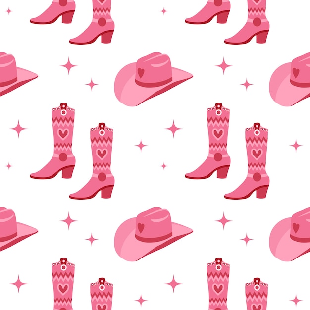 Bonito padrão rosa sem costura com detalhes de guarda-roupa de princesa, sapatos de coroa, chapéu de cowboy, beijo