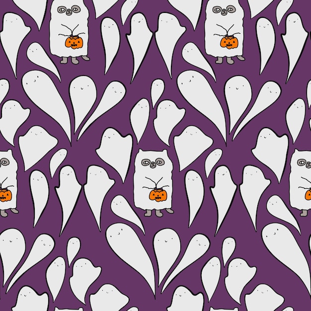 Vetor bonito padrão roxo, doodle fantasmas de linha preta e um gato. fundo sem costura de halloween para tecido