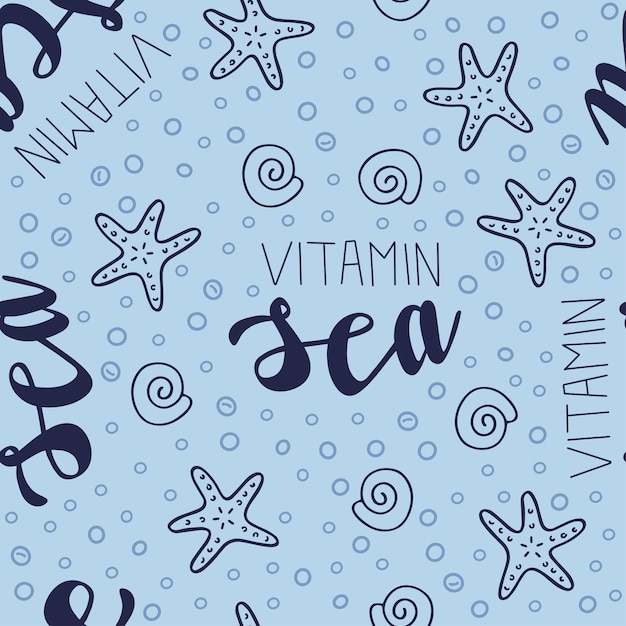 Vetor bonito padrão sem costura com frase de letras de vitamina do mar e doodle estrelas do mar e conchas