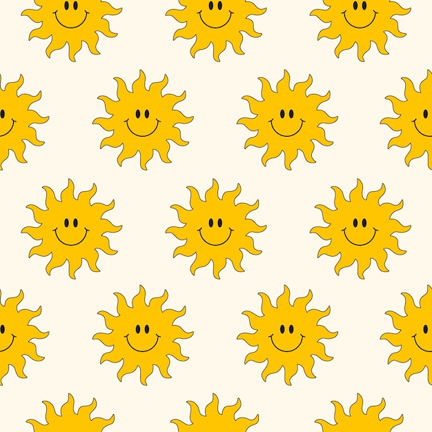 Bonito padrão sem costura com sol groovy sorridente vintage em um fundo claro