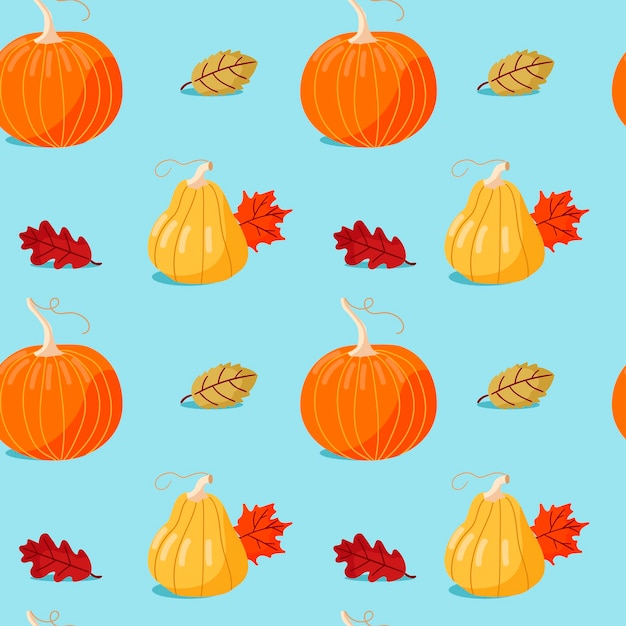 Bonito padrão sem emenda com abóboras de mão desenhada e folhas de outono em fundo azul claro. padrão de ação de graças, halloween, embrulho ou têxteis.