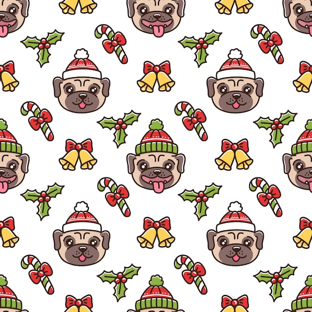 Bonito padrão sem emenda com cão de raça pug no chapéu de Fair Isle Christmas