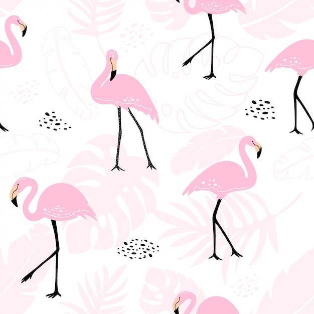 Bonito padrão sem emenda com flamingos cor de rosa e plantas tropicais.