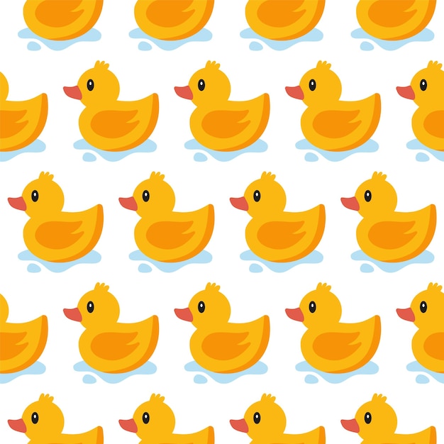 Bonito padrão sem emenda com pato de borracha amarelo sobre fundo branco. Ilustração do chuveiro de bebê de brinquedo de pato. eps 10