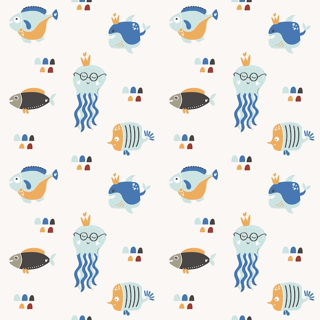 Bonito padrão sem emenda com peixe, golfinho, água-viva.