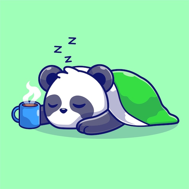 Vetor bonito panda dormindo com café e cobertor cartoon vector ícone ilustração. natureza animal isolada