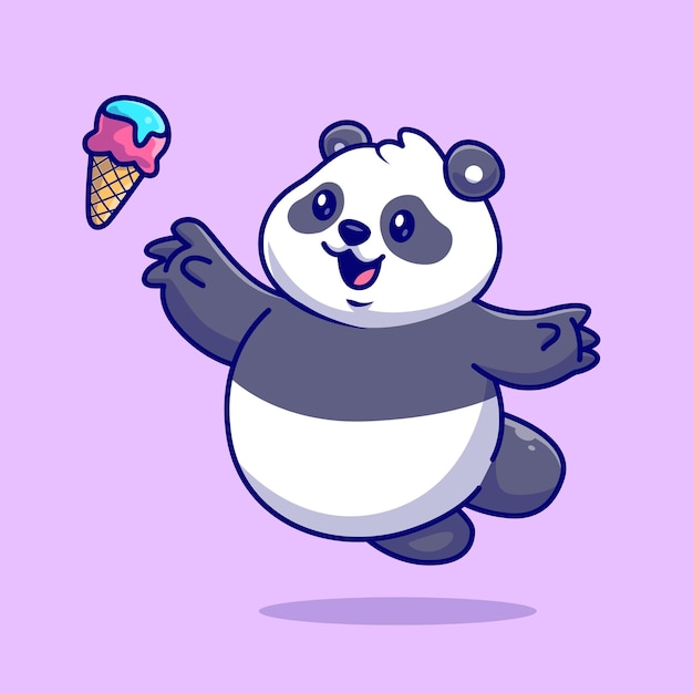 Bonito panda gordo pegando cone de sorvete dos desenhos animados vector icon ilustração. ícone de comida animal isolado