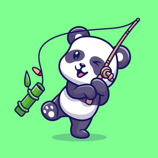 Bonito panda pesca bamboo desenhos animados ícone ilustração vetorial natureza animal conceito ícone isolado plano