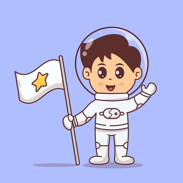 Bonito pequeno astronauta com bandeira e tecnologia espacial acenando ilustração vetorial