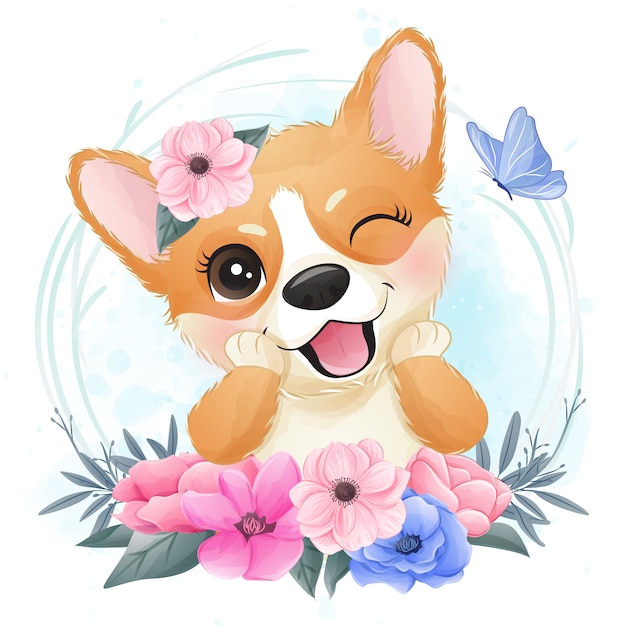 Bonito pequeno corgi com retrato floral