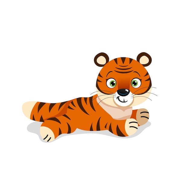 Bonito pequeno tigre em pose relaxante. símbolo chinês do ano 2022. ano do tigre. mascote dos desenhos animados. personagem adorável sorridente. ilustração vetorial isolada no fundo branco.