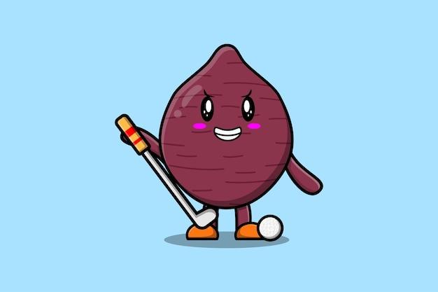 Vetor bonito personagem de batata-doce de desenho animado jogando golfe