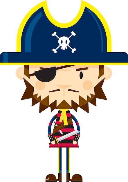 Bonito personagem de capitão pirata fanfarrão de desenho animado com tapa-olho e espada