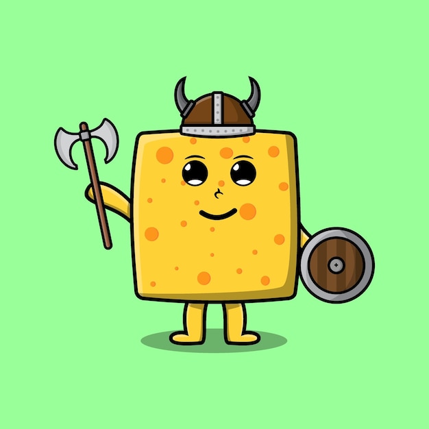 Bonito personagem de desenho animado cheese viking pirata com chapéu e segurando machado e escudo em design moderno