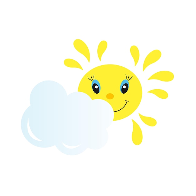 Vetor bonito personagem sorridente do sol com uma expressão feliz e uma nuvem ícone de tempo parcialmente ensolarado