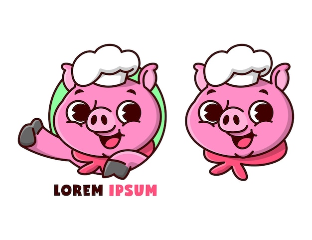 Bonito porco rosa usando chef chapéu sorrindo com mascote de estilo desenhos animados