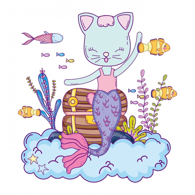 Bonito, purrmaid, com, cofre tesouro