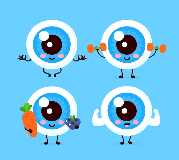 Vetor bonito saudável humano feliz globo ocular órgão conjunto de caracteres de coleção. ícone de ilustração plana dos desenhos animados. isolado no branco personagem de cuidados com os olhos