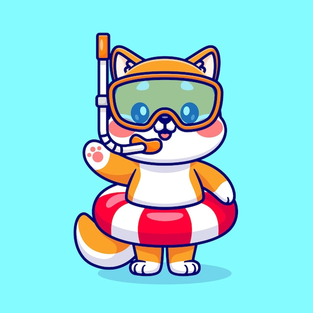 Bonito shiba inu cão snorkeling cartoon vector icon ilustração. conceito de ícone de férias animal isolado