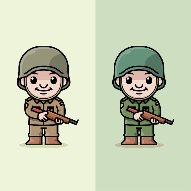 Bonito soldado de pé segurando uma ilustração de desenho animado de rifle