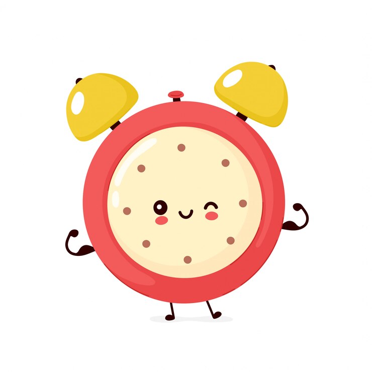 Vetor bonito sorridente feliz forte despertador mostra o músculo. ilustração plana personagem de desenho animado. isolado no fundo branco. relógio despertador conceito de personagem