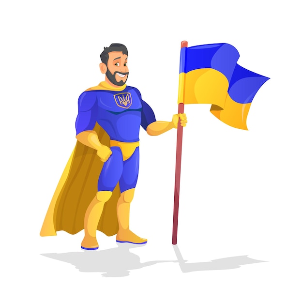 Bonito super-herói de desenho animado com bandeira ucraniana e heróico com um sorriso amigável no fundo branco