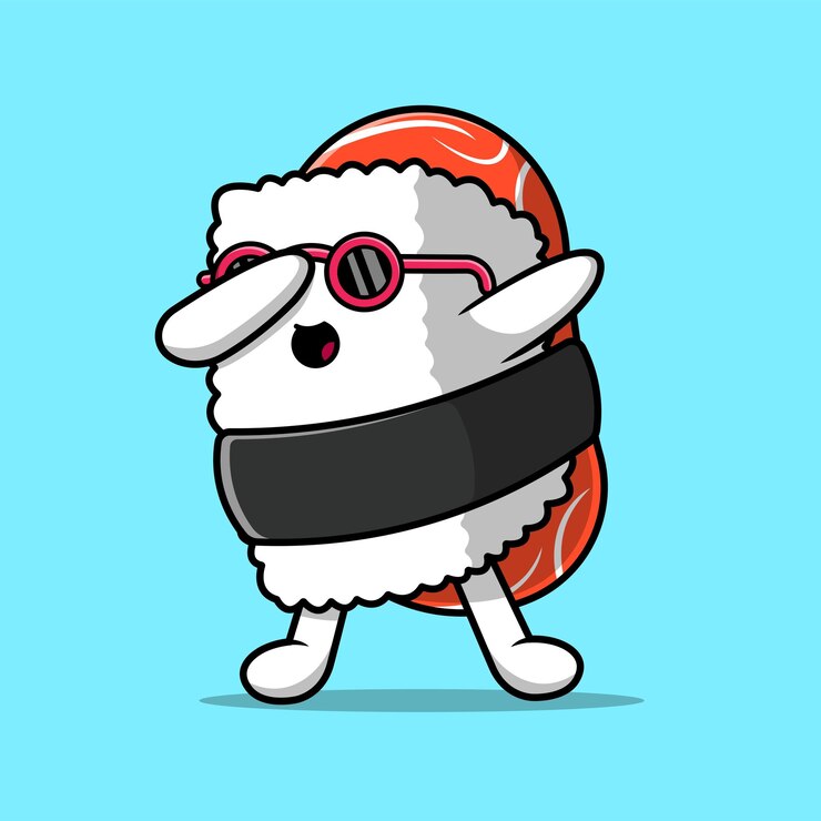 Bonito Sushi Dabbing e usando óculos Cartoon ilustração vetorial ícone