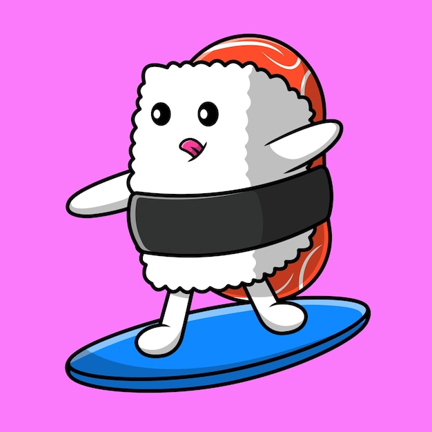 Bonito sushi surfando com ilustração de ícone de desenho vetorial de prancha de surf