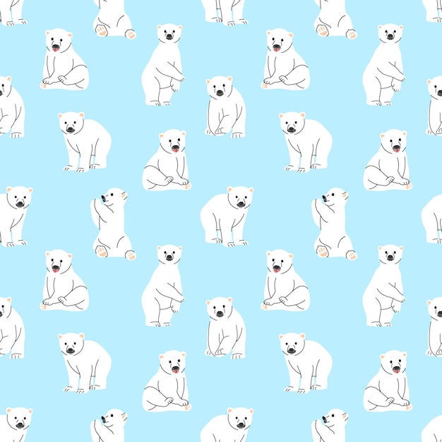 Bonito urso polar em alguns movimentos diferentes no design de padrão plano de fundo azul