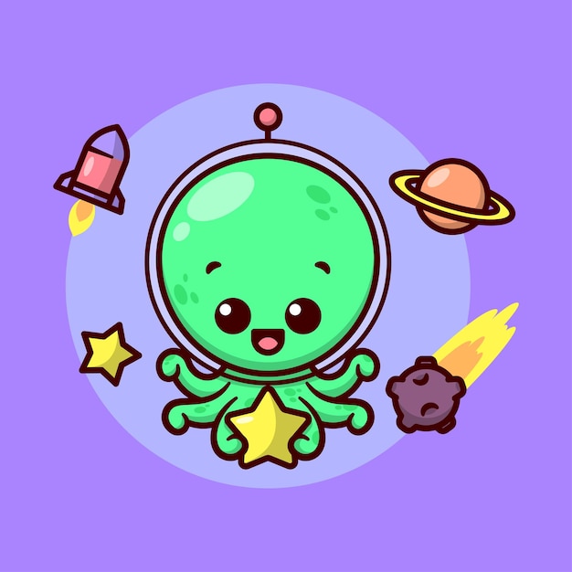 Bonito verde estrangeiro com seis tentáculos está segurando uma estrela amarela e usando um capacete de vidro desenho animado e mascote de personagem