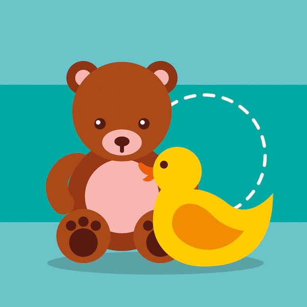 Bonitos brinquedos urso Pelúcia e pato de plástico
