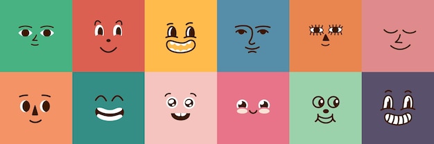 Vetor bonitos desenhos animados rostos vetor mascote retro rosto emocional diversas emoções quadradas design personagens de moda positivos abstratos elementos engraçados ilustração de rosto de mascote peculiar ilustração plana
