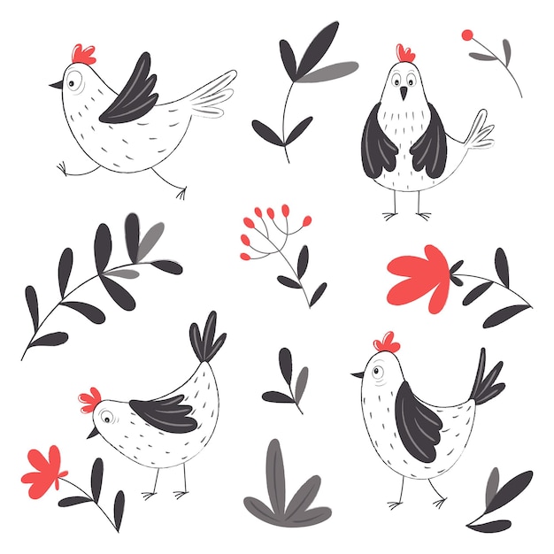 Bonitos galinhas e elementos de plantas em estilo cartoon.