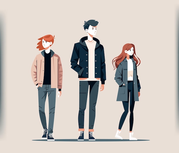 Bonitos jovens adolescentes ou estudantes em roupas casuais de pé juntos personagens de desenhos animados