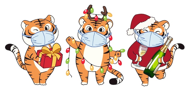 Bonitos tigres pequenos vestindo fantasia de natal e máscara médica. estilo de desenho animado do doodle.