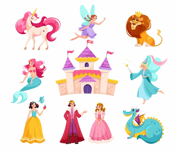 Vetor bons personagens de contos de fadas com unicórnio fada leão sereia dragão príncipe e princesa conjunto vetor