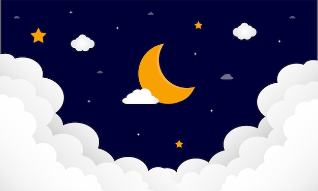 Bons sonhos. Lua crescente, nuvens e estrelas no fundo da noite. Ilustração em vetor.