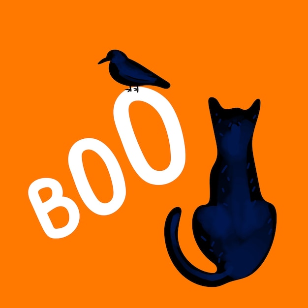 Boo ilustração de halloween com gato preto e corvo em fundo laranja